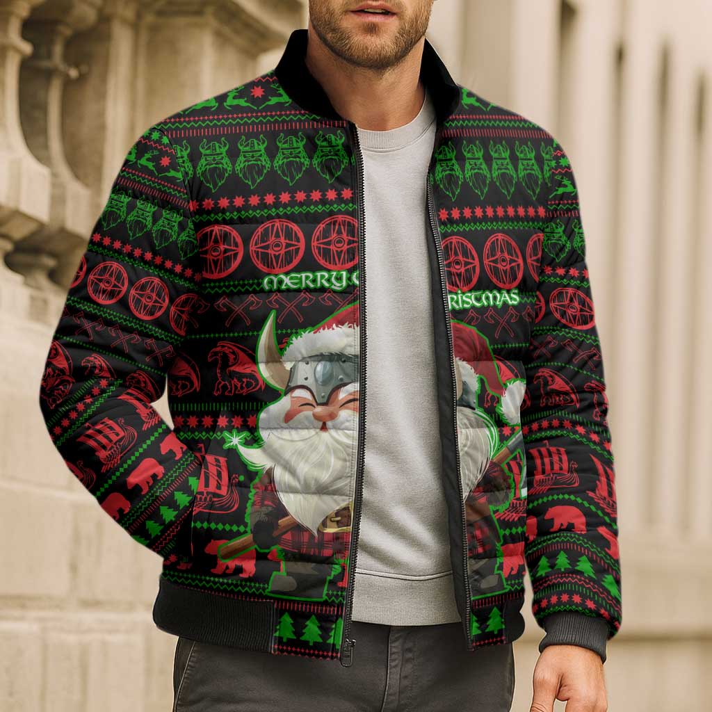 Viking Christmas Bomber Puffer Jacket with Santa Warrior Axe Nordic Symbols Red Green Black Knit Pattern Design - Wonder Print Shop