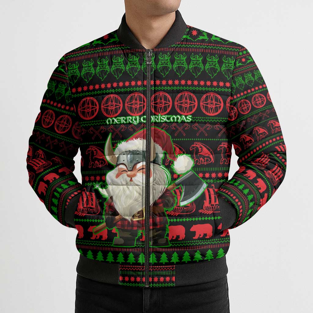 Viking Christmas Bomber Puffer Jacket with Santa Warrior Axe Nordic Symbols Red Green Black Knit Pattern Design - Wonder Print Shop