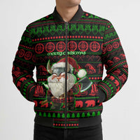 Viking Christmas Bomber Puffer Jacket with Santa Warrior Axe Nordic Symbols Red Green Black Knit Pattern Design - Wonder Print Shop