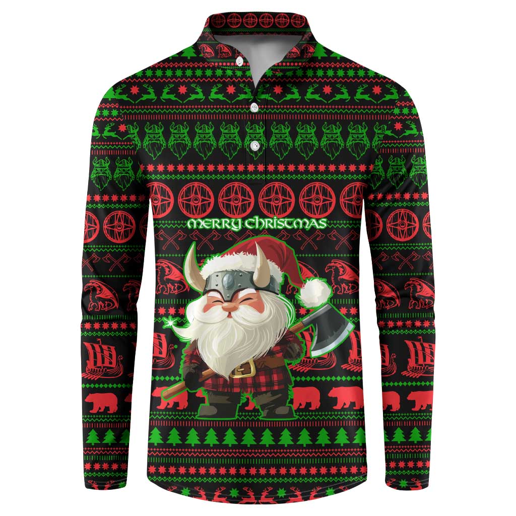 Viking Christmas Button Sweatshirt with Santa Warrior Axe Nordic Symbols Red Green Black Knit Pattern Design - Wonder Print Shop