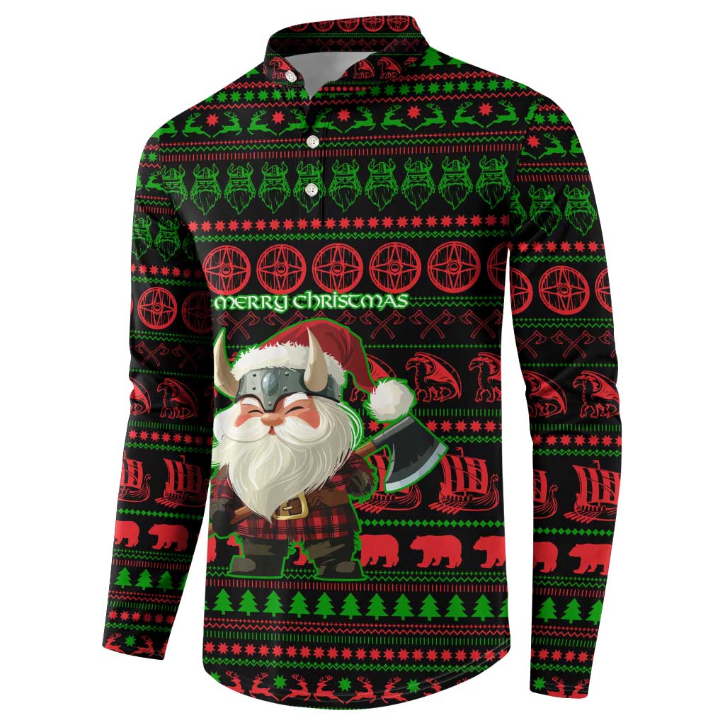 Viking Christmas Button Sweatshirt with Santa Warrior Axe Nordic Symbols Red Green Black Knit Pattern Design - Wonder Print Shop