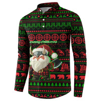 Viking Christmas Button Sweatshirt with Santa Warrior Axe Nordic Symbols Red Green Black Knit Pattern Design - Wonder Print Shop