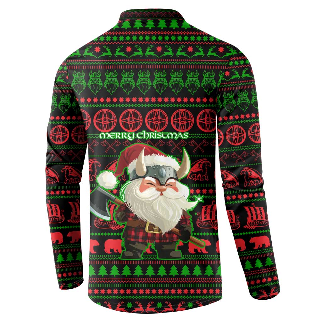 Viking Christmas Button Sweatshirt with Santa Warrior Axe Nordic Symbols Red Green Black Knit Pattern Design - Wonder Print Shop
