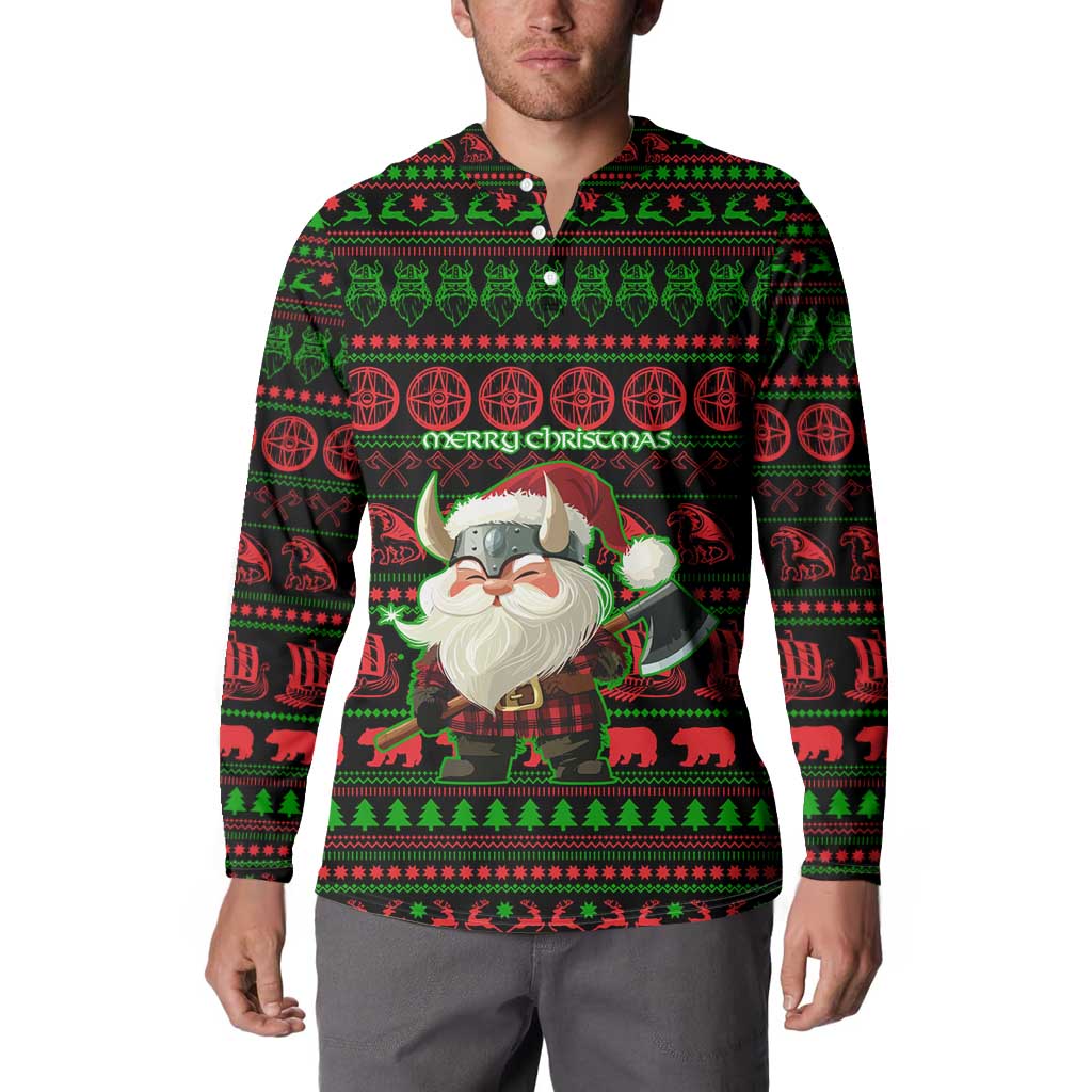 Viking Christmas Button Sweatshirt with Santa Warrior Axe Nordic Symbols Red Green Black Knit Pattern Design - Wonder Print Shop