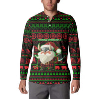 Viking Christmas Button Sweatshirt with Santa Warrior Axe Nordic Symbols Red Green Black Knit Pattern Design - Wonder Print Shop