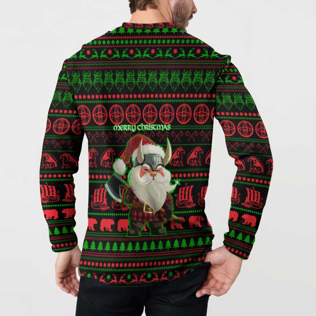 Viking Christmas Button Sweatshirt with Santa Warrior Axe Nordic Symbols Red Green Black Knit Pattern Design - Wonder Print Shop