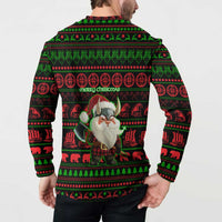 Viking Christmas Button Sweatshirt with Santa Warrior Axe Nordic Symbols Red Green Black Knit Pattern Design - Wonder Print Shop