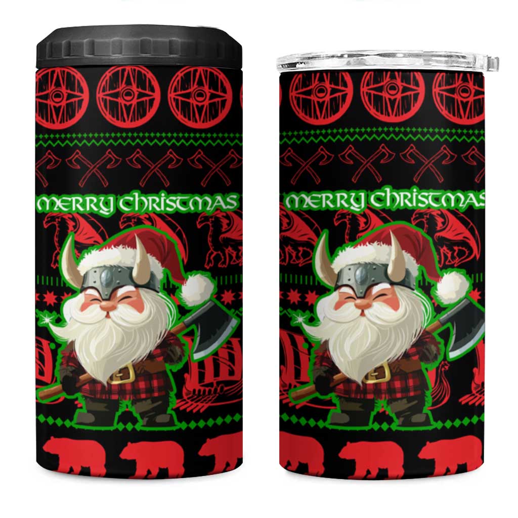 Viking Christmas 4 in 1 Can Cooler Tumbler with Santa Warrior Axe Nordic Symbols Red Green Black Knit Pattern Design - Wonder Print Shop
