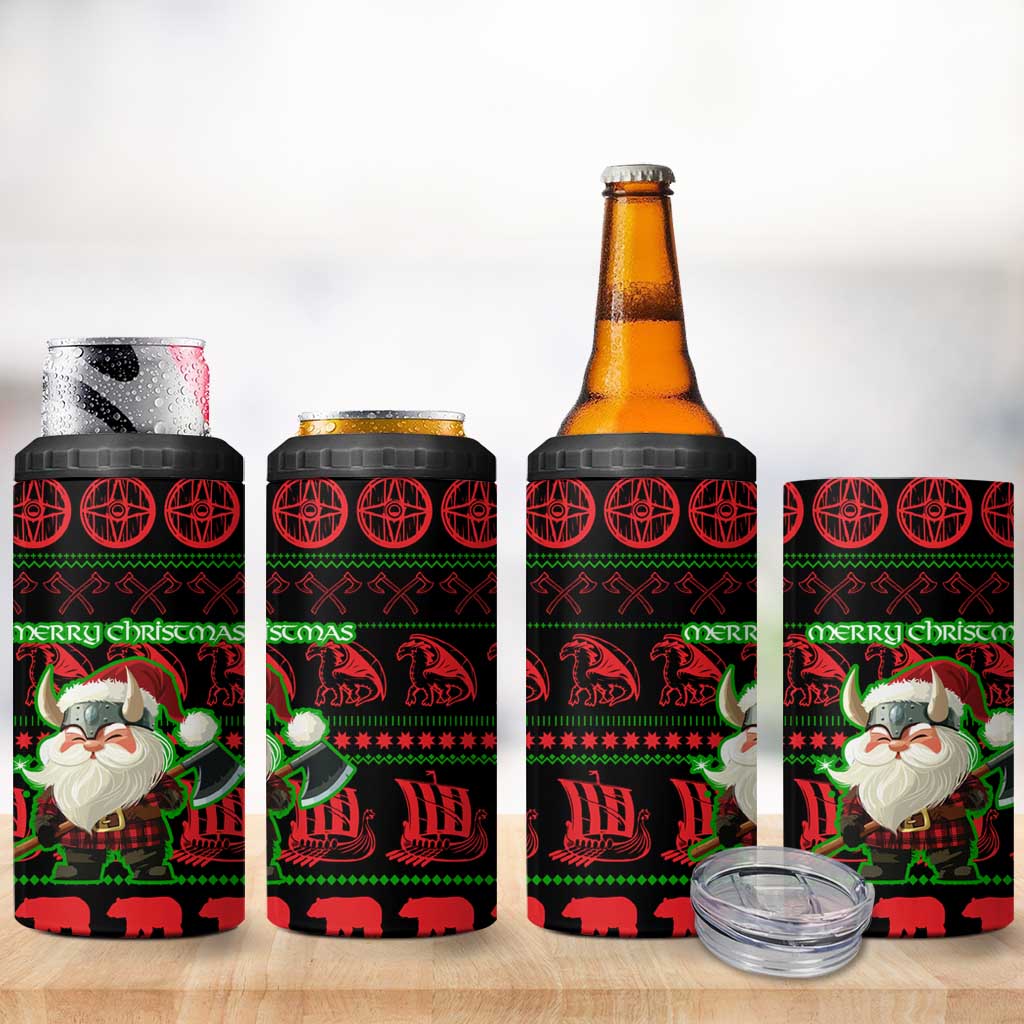 Viking Christmas 4 in 1 Can Cooler Tumbler with Santa Warrior Axe Nordic Symbols Red Green Black Knit Pattern Design - Wonder Print Shop