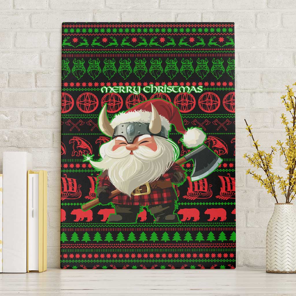 Viking Christmas Canvas Wall Art with Santa Warrior Axe Nordic Symbols Red Green Black Knit Pattern Design - Wonder Print Shop
