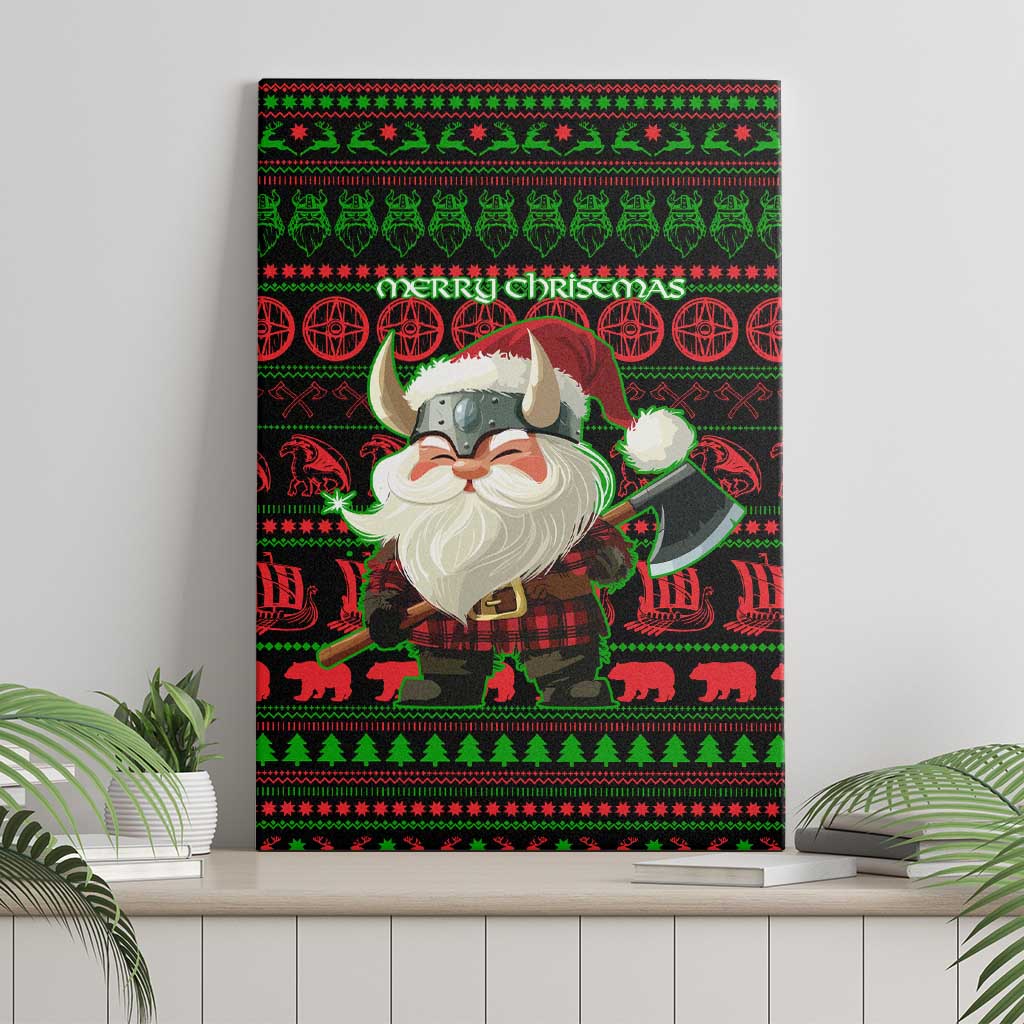 Viking Christmas Canvas Wall Art with Santa Warrior Axe Nordic Symbols Red Green Black Knit Pattern Design - Wonder Print Shop