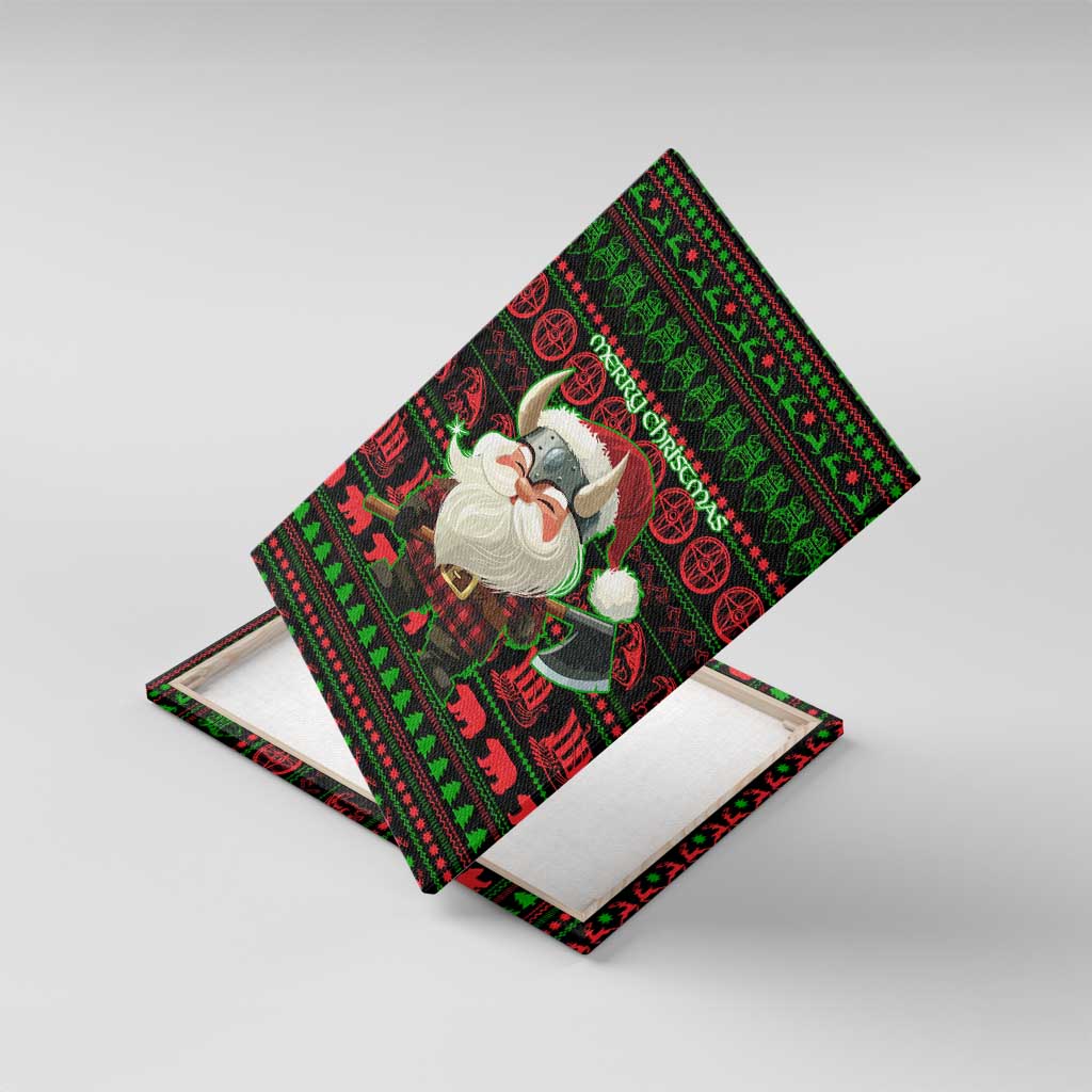 Viking Christmas Canvas Wall Art with Santa Warrior Axe Nordic Symbols Red Green Black Knit Pattern Design - Wonder Print Shop