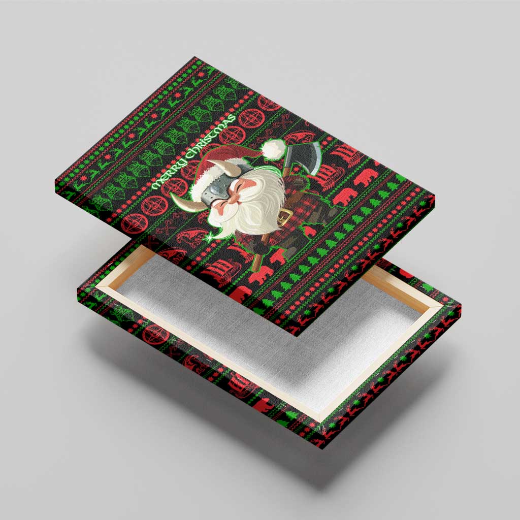 Viking Christmas Canvas Wall Art with Santa Warrior Axe Nordic Symbols Red Green Black Knit Pattern Design - Wonder Print Shop