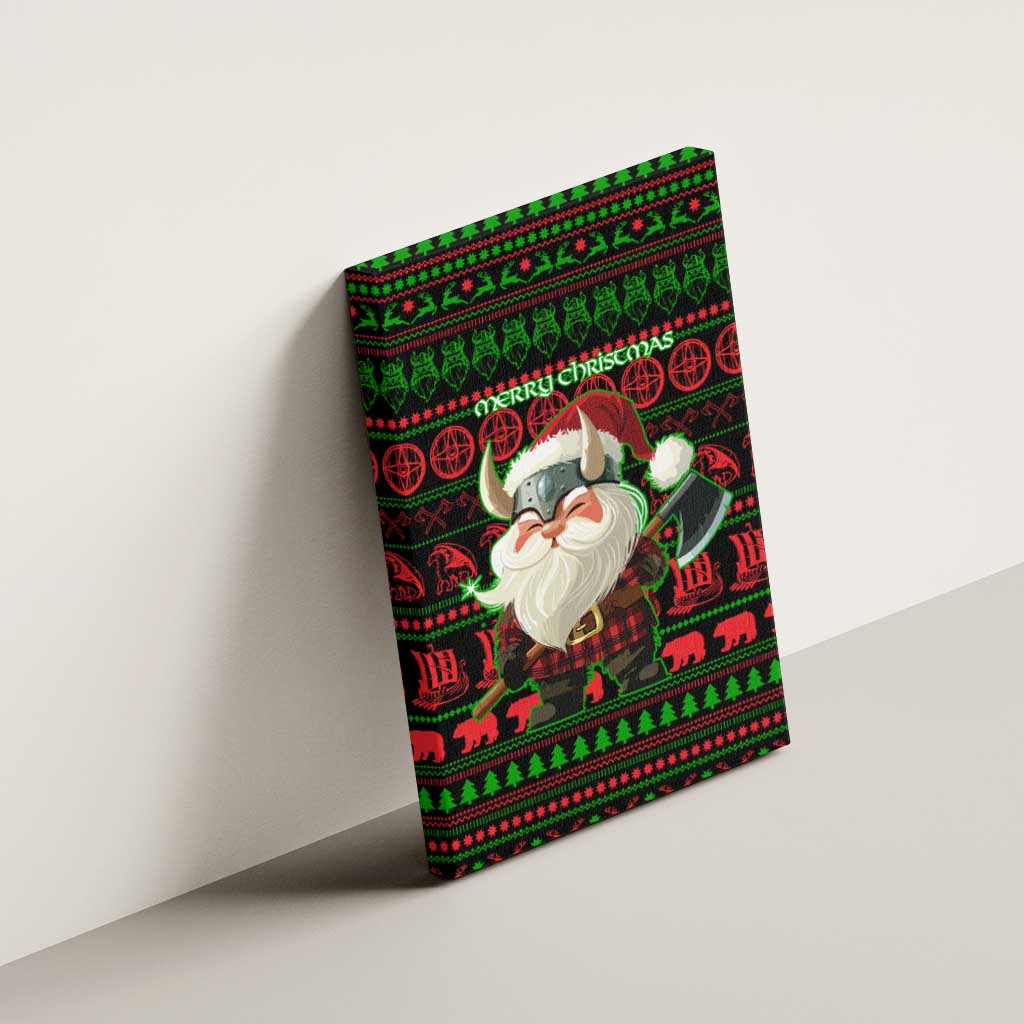 Viking Christmas Canvas Wall Art with Santa Warrior Axe Nordic Symbols Red Green Black Knit Pattern Design - Wonder Print Shop