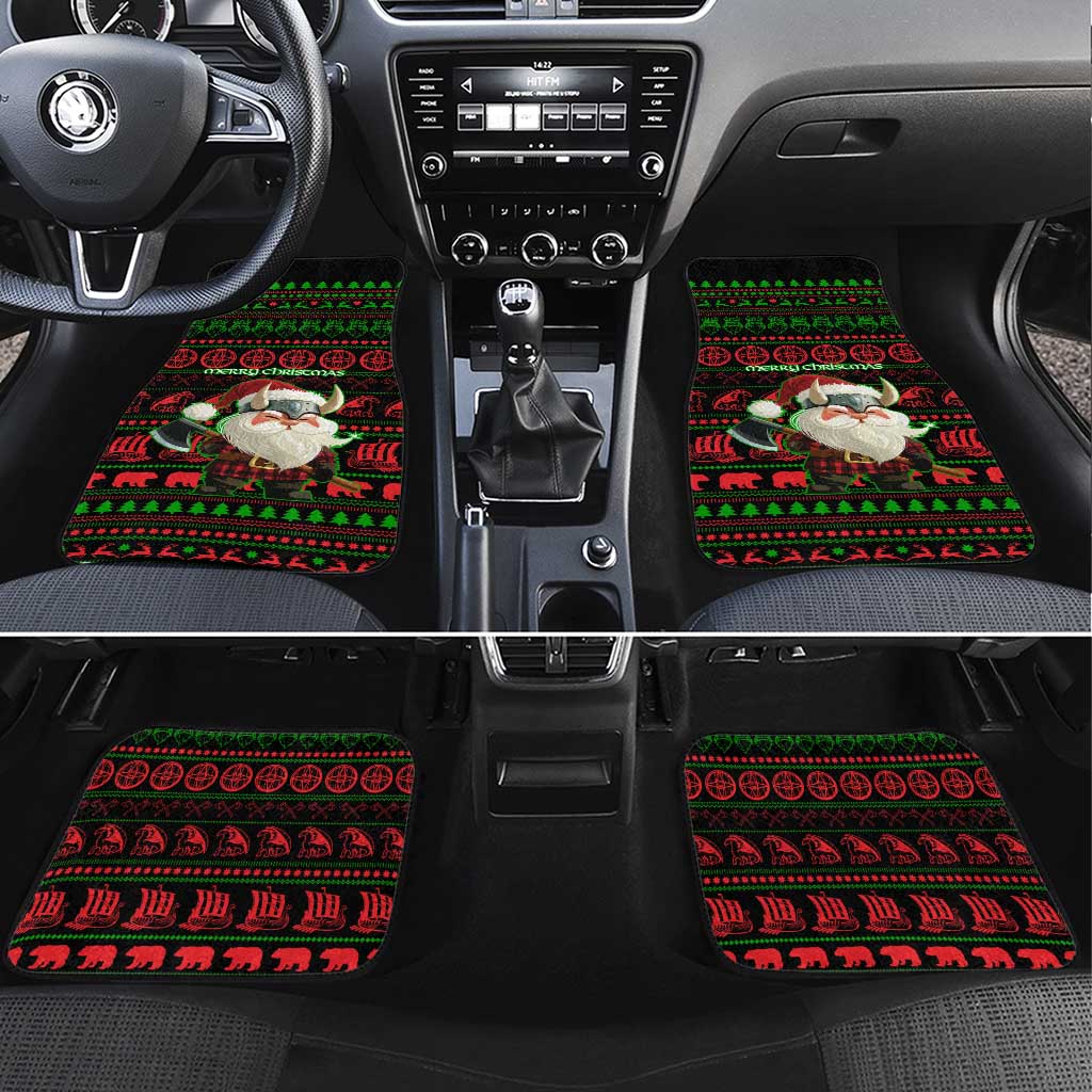 Viking Christmas Car Mats with Santa Warrior Axe Nordic Symbols Red Green Black Knit Pattern Design - Wonder Print Shop