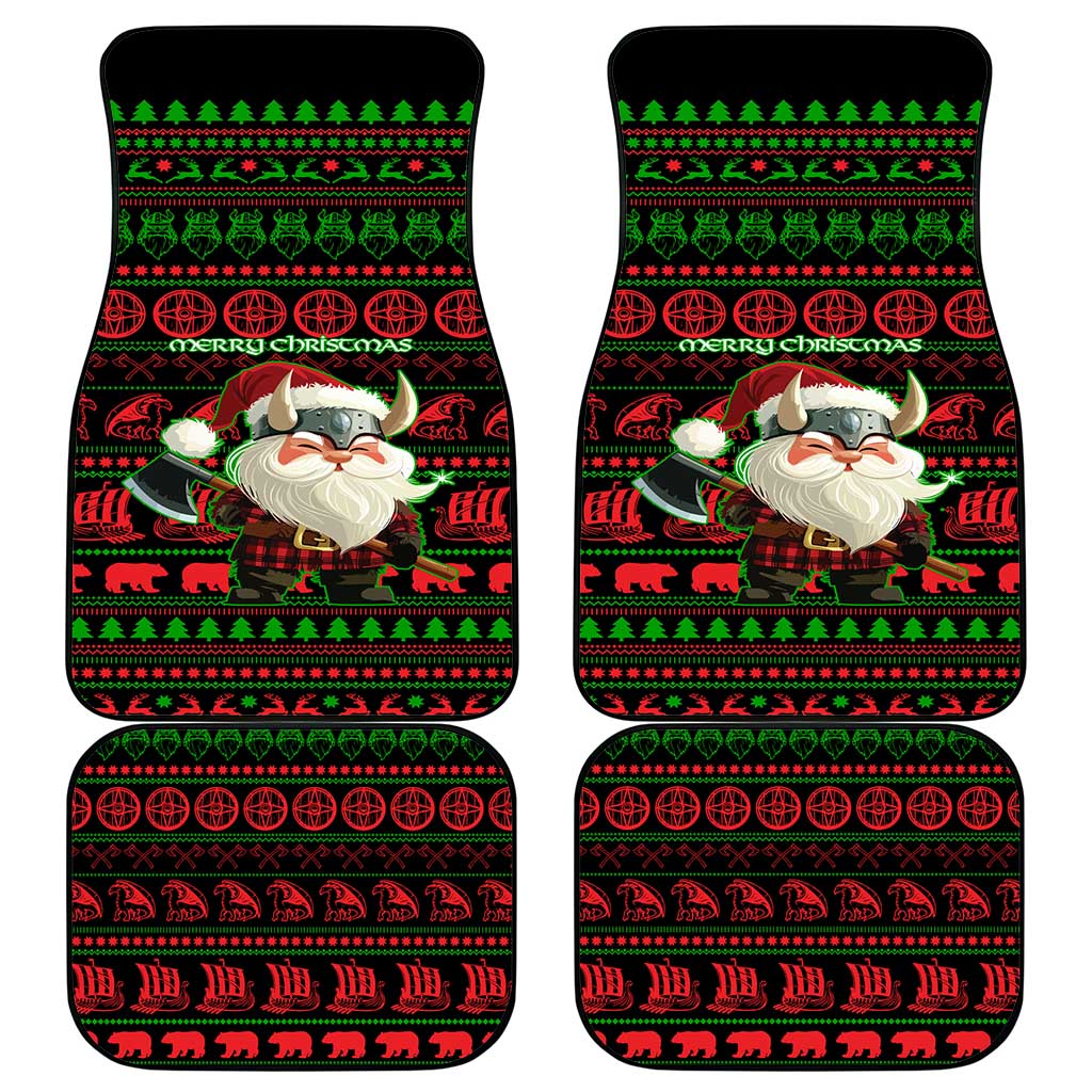 Viking Christmas Car Mats with Santa Warrior Axe Nordic Symbols Red Green Black Knit Pattern Design - Wonder Print Shop
