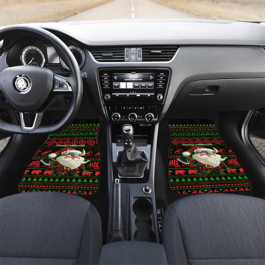 Viking Christmas Car Mats with Santa Warrior Axe Nordic Symbols Red Green Black Knit Pattern Design - Wonder Print Shop
