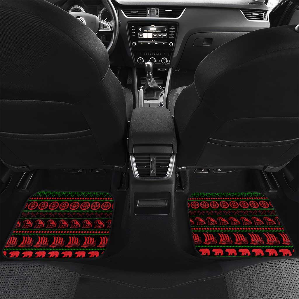 Viking Christmas Car Mats with Santa Warrior Axe Nordic Symbols Red Green Black Knit Pattern Design - Wonder Print Shop