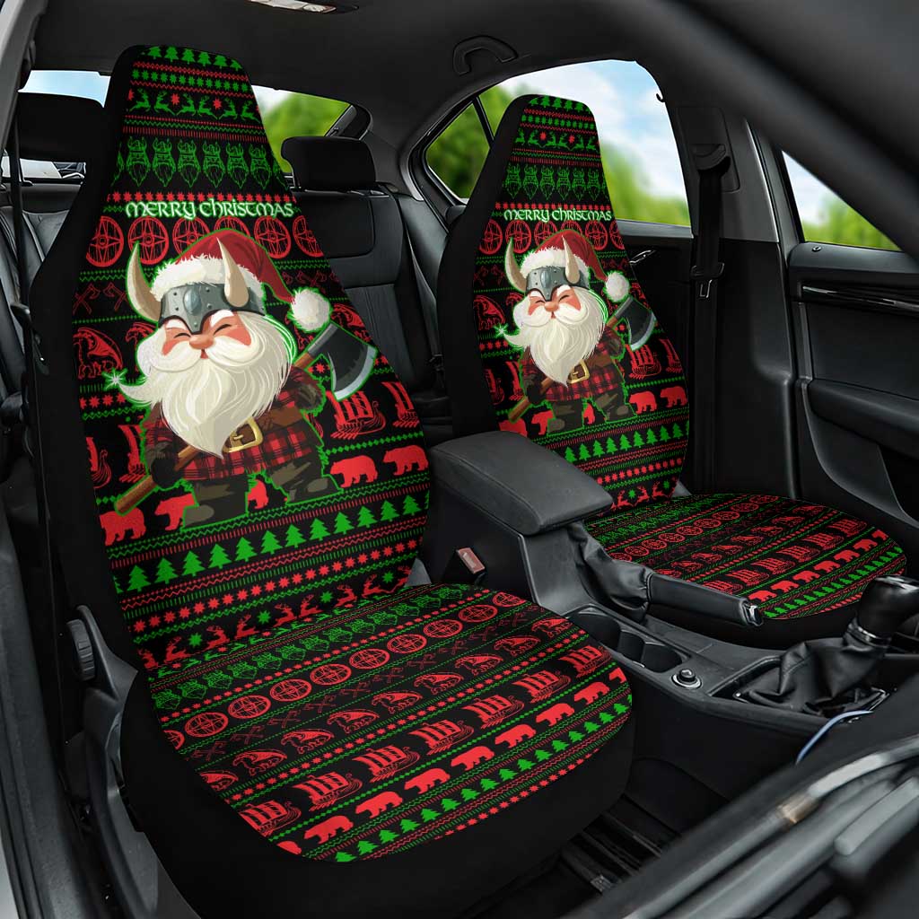 Viking Christmas Car Seat Cover with Santa Warrior Axe Nordic Symbols Red Green Black Knit Pattern Design - Wonder Print Shop