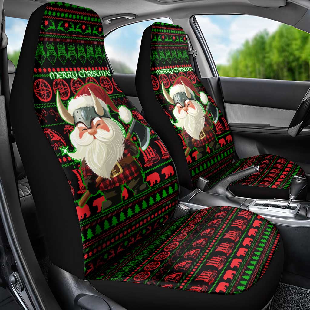 Viking Christmas Car Seat Cover with Santa Warrior Axe Nordic Symbols Red Green Black Knit Pattern Design - Wonder Print Shop