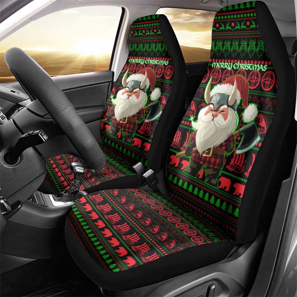 Viking Christmas Car Seat Cover with Santa Warrior Axe Nordic Symbols Red Green Black Knit Pattern Design - Wonder Print Shop