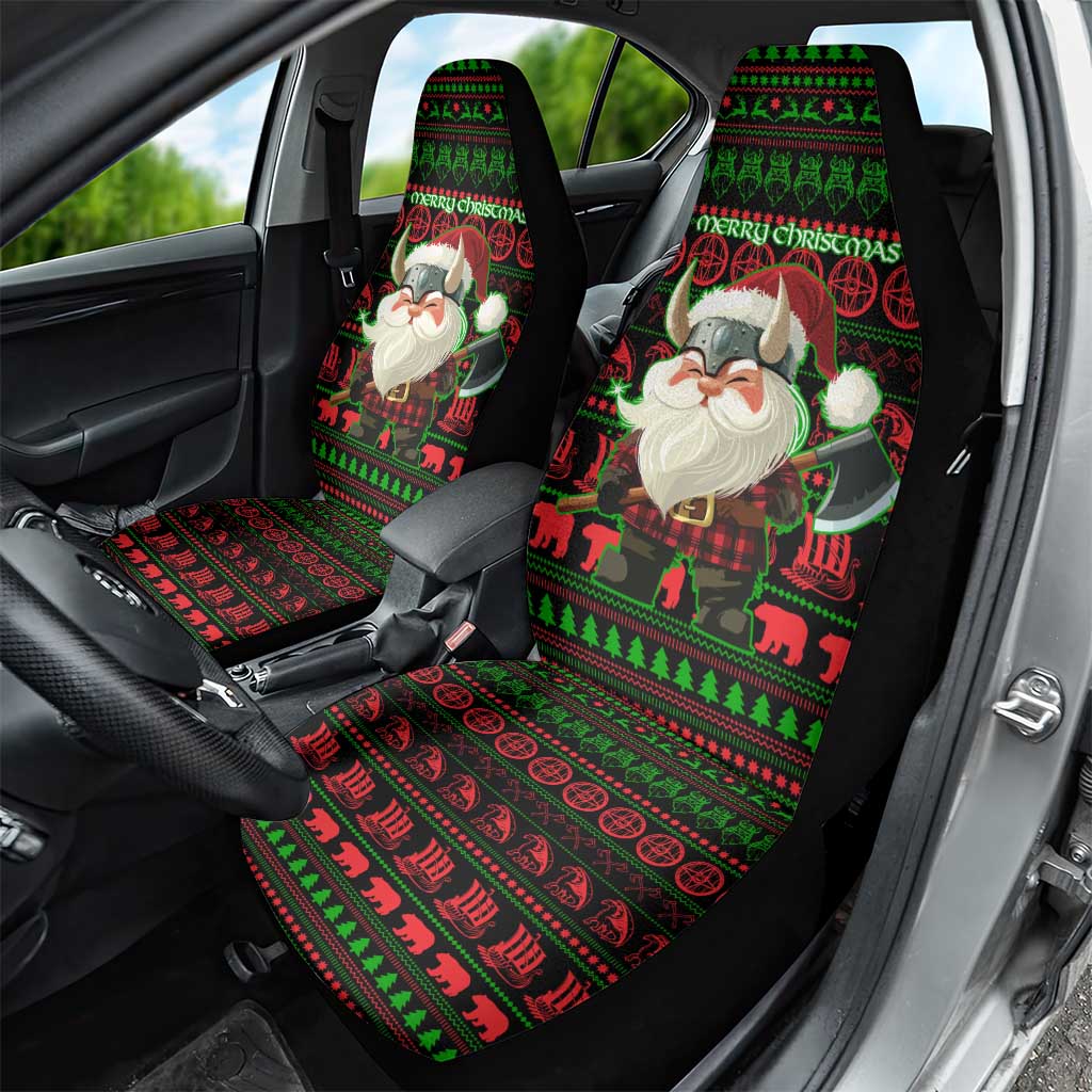 Viking Christmas Car Seat Cover with Santa Warrior Axe Nordic Symbols Red Green Black Knit Pattern Design - Wonder Print Shop