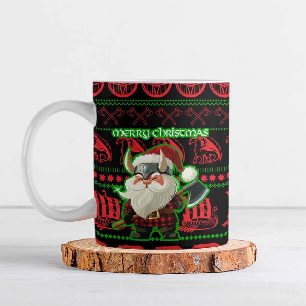 Viking Christmas Ceramic Mug with Santa Warrior Axe Nordic Symbols Red Green Black Knit Pattern Design - Wonder Print Shop