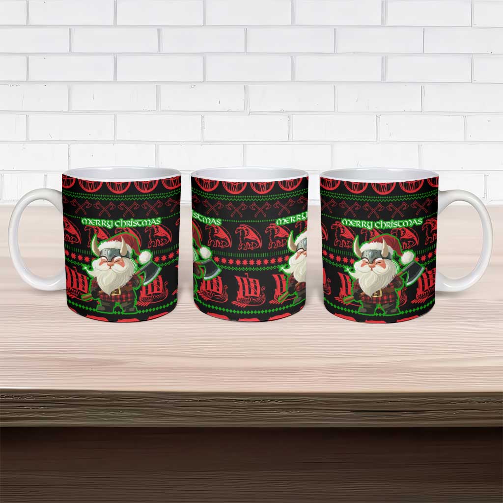 Viking Christmas Ceramic Mug with Santa Warrior Axe Nordic Symbols Red Green Black Knit Pattern Design - Wonder Print Shop