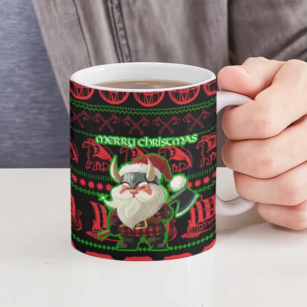 Viking Christmas Ceramic Mug with Santa Warrior Axe Nordic Symbols Red Green Black Knit Pattern Design - Wonder Print Shop