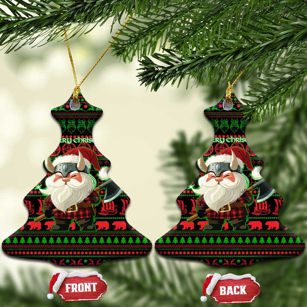 Viking Christmas Ceramic Ornament with Santa Warrior Axe Nordic Symbols Red Green Black Knit Pattern Design - Wonder Print Shop
