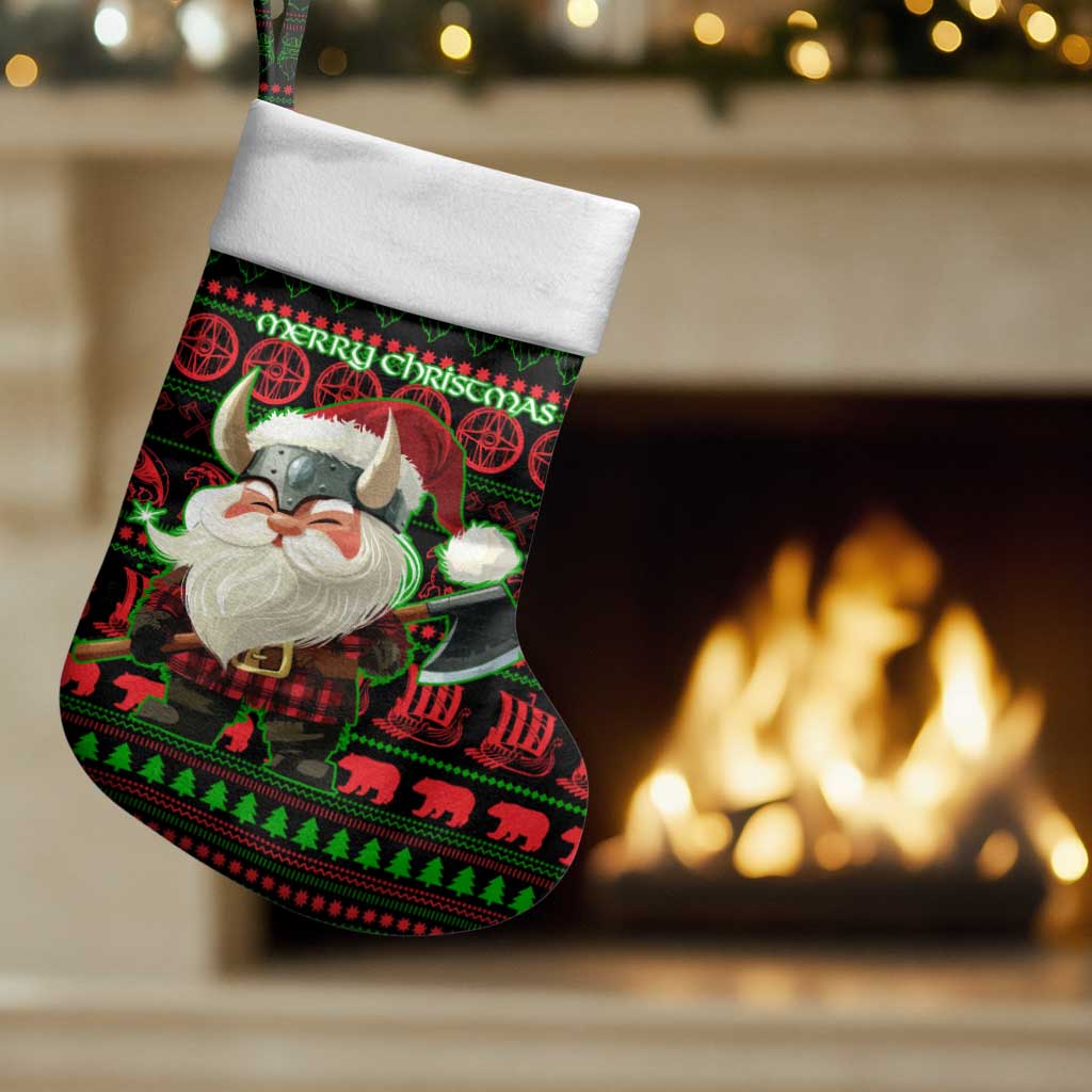 Viking Christmas Stocking with Santa Warrior Axe Nordic Symbols Red Green Black Knit Pattern Design - Wonder Print Shop