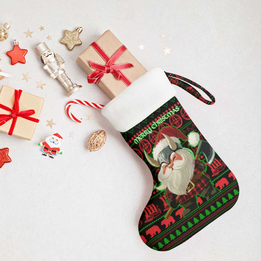 Viking Christmas Stocking with Santa Warrior Axe Nordic Symbols Red Green Black Knit Pattern Design - Wonder Print Shop