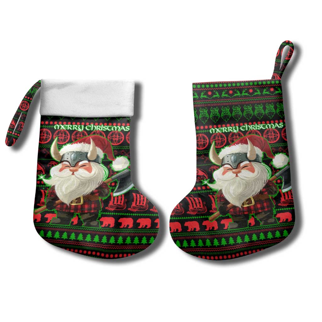 Viking Christmas Stocking with Santa Warrior Axe Nordic Symbols Red Green Black Knit Pattern Design - Wonder Print Shop