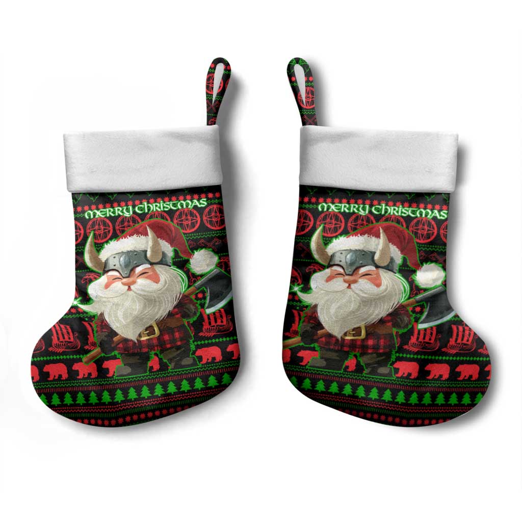 Viking Christmas Stocking with Santa Warrior Axe Nordic Symbols Red Green Black Knit Pattern Design - Wonder Print Shop