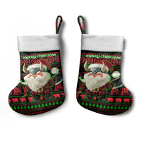 Viking Christmas Stocking with Santa Warrior Axe Nordic Symbols Red Green Black Knit Pattern Design - Wonder Print Shop