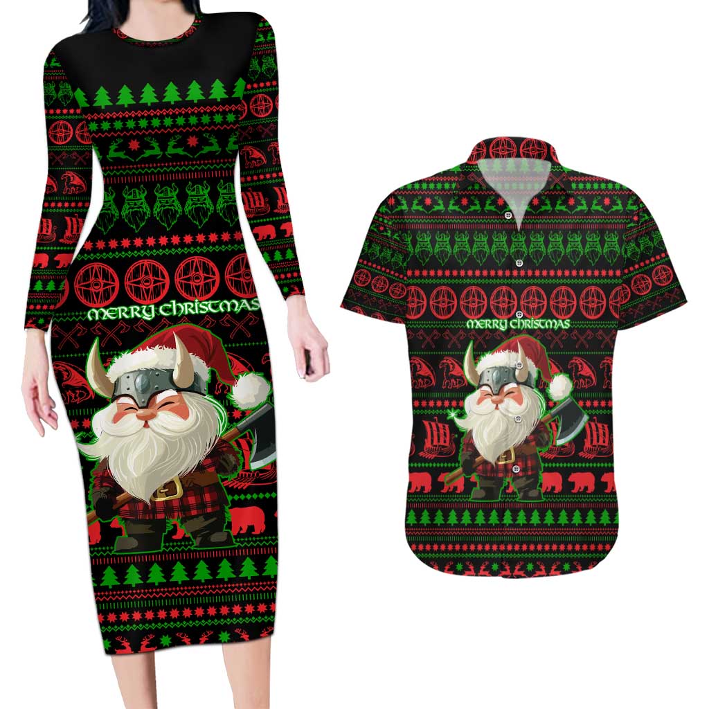 Viking Christmas Couples Matching Long Sleeve Bodycon Dress and Hawaiian Shirt with Santa Warrior Axe Nordic Symbols Red Green Black Knit Pattern Design - Wonder Print Shop