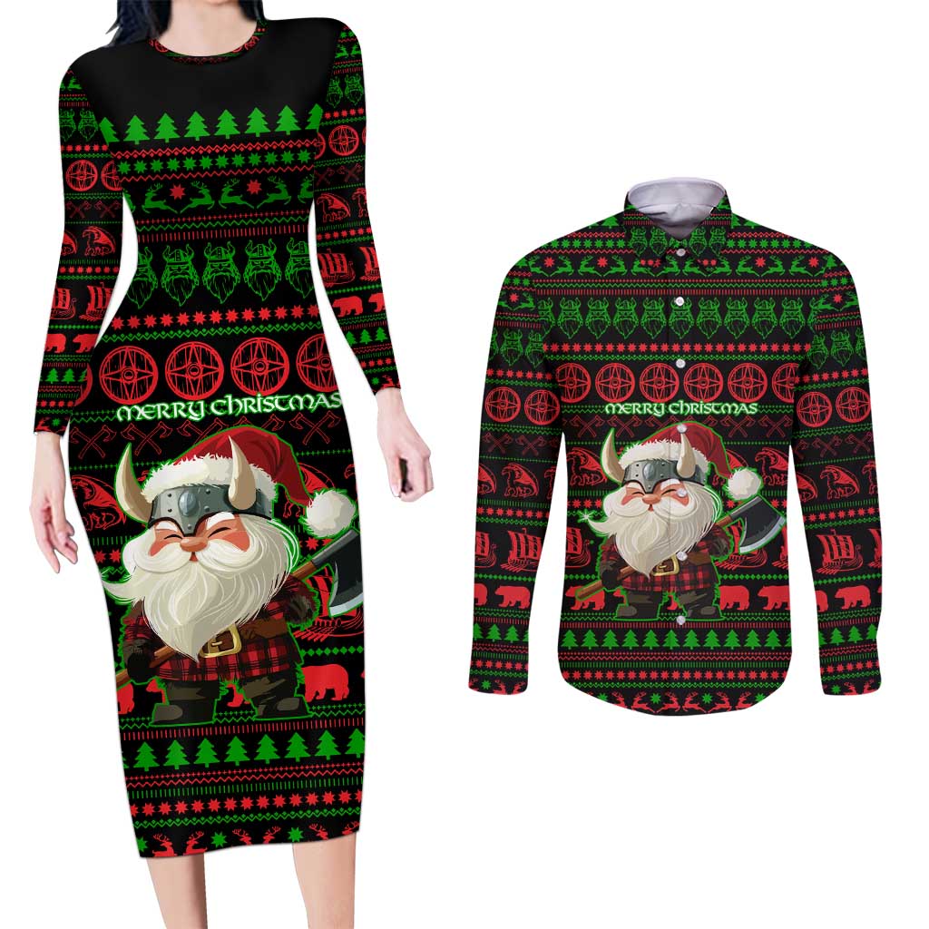 Viking Christmas Couples Matching Long Sleeve Bodycon Dress and Long Sleeve Button Shirt with Santa Warrior Axe Nordic Symbols Red Green Black Knit Pattern Design - Wonder Print Shop