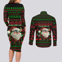 Viking Christmas Couples Matching Long Sleeve Bodycon Dress and Long Sleeve Button Shirt with Santa Warrior Axe Nordic Symbols Red Green Black Knit Pattern Design - Wonder Print Shop