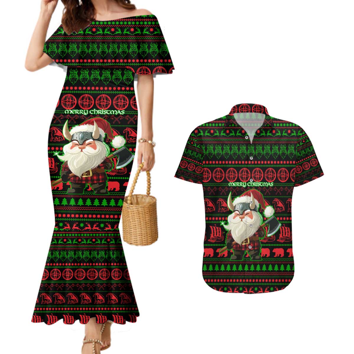 Viking Christmas Couples Matching Mermaid Dress and Hawaiian Shirt with Santa Warrior Axe Nordic Symbols Red Green Black Knit Pattern Design - Wonder Print Shop