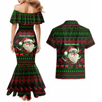 Viking Christmas Couples Matching Mermaid Dress and Hawaiian Shirt with Santa Warrior Axe Nordic Symbols Red Green Black Knit Pattern Design - Wonder Print Shop