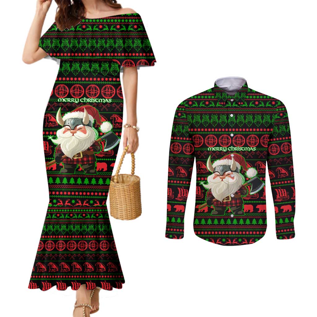 Viking Christmas Couples Matching Mermaid Dress and Long Sleeve Button Shirt with Santa Warrior Axe Nordic Symbols Red Green Black Knit Pattern Design - Wonder Print Shop