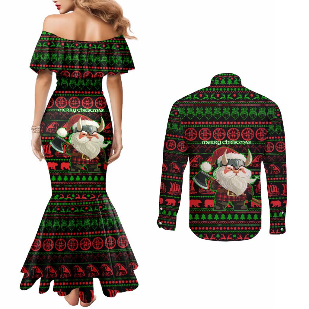 Viking Christmas Couples Matching Mermaid Dress and Long Sleeve Button Shirt with Santa Warrior Axe Nordic Symbols Red Green Black Knit Pattern Design - Wonder Print Shop
