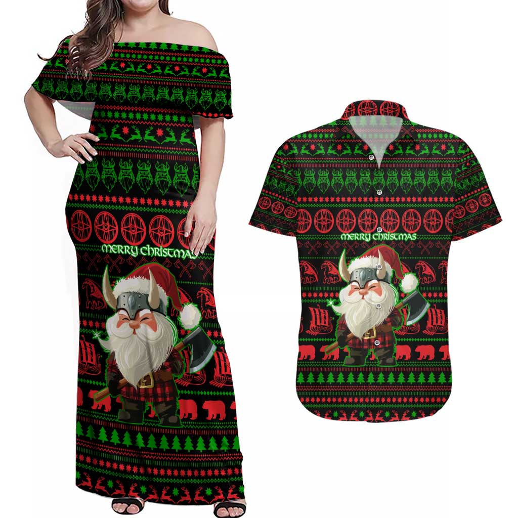 Viking Christmas Couples Matching Off Shoulder Maxi Dress and Hawaiian Shirt with Santa Warrior Axe Nordic Symbols Red Green Black Knit Pattern Design - Wonder Print Shop