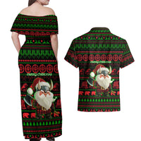 Viking Christmas Couples Matching Off Shoulder Maxi Dress and Hawaiian Shirt with Santa Warrior Axe Nordic Symbols Red Green Black Knit Pattern Design - Wonder Print Shop