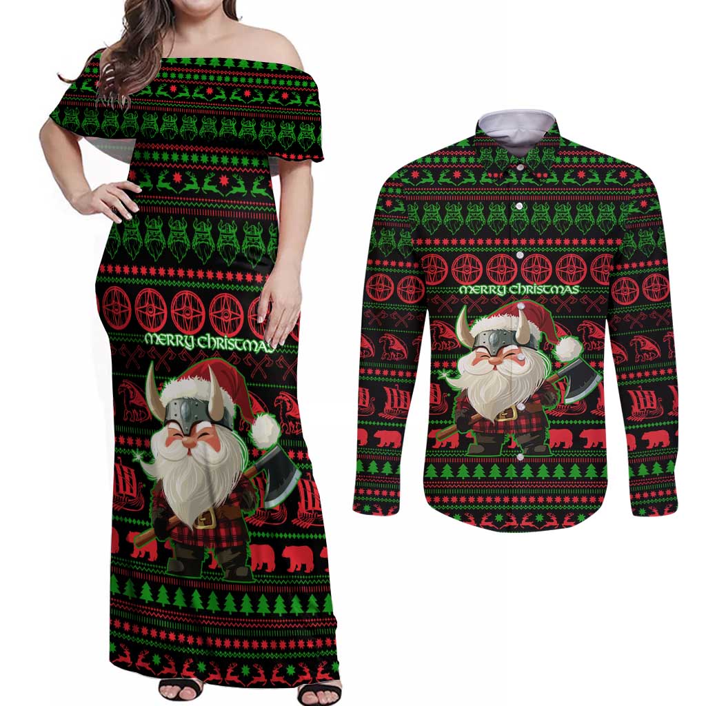 Viking Christmas Couples Matching Off Shoulder Maxi Dress and Long Sleeve Button Shirt with Santa Warrior Axe Nordic Symbols Red Green Black Knit Pattern Design - Wonder Print Shop