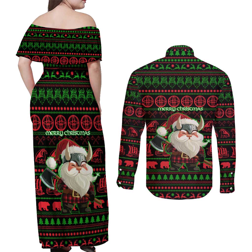 Viking Christmas Couples Matching Off Shoulder Maxi Dress and Long Sleeve Button Shirt with Santa Warrior Axe Nordic Symbols Red Green Black Knit Pattern Design - Wonder Print Shop