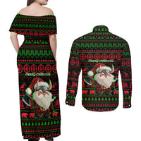 Viking Christmas Couples Matching Off Shoulder Maxi Dress and Long Sleeve Button Shirt with Santa Warrior Axe Nordic Symbols Red Green Black Knit Pattern Design - Wonder Print Shop