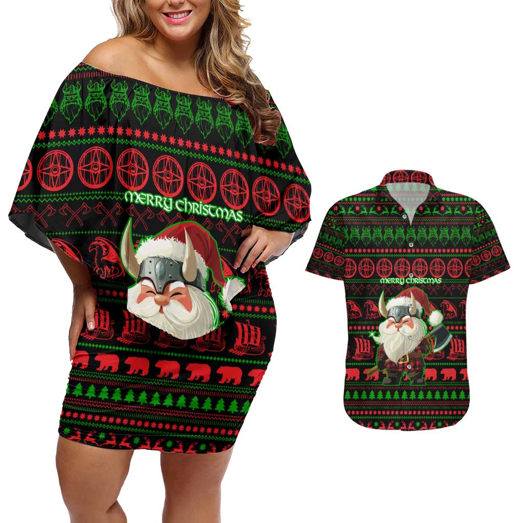 Viking Christmas Couples Matching Off Shoulder Short Dress and Hawaiian Shirt with Santa Warrior Axe Nordic Symbols Red Green Black Knit Pattern Design - Wonder Print Shop