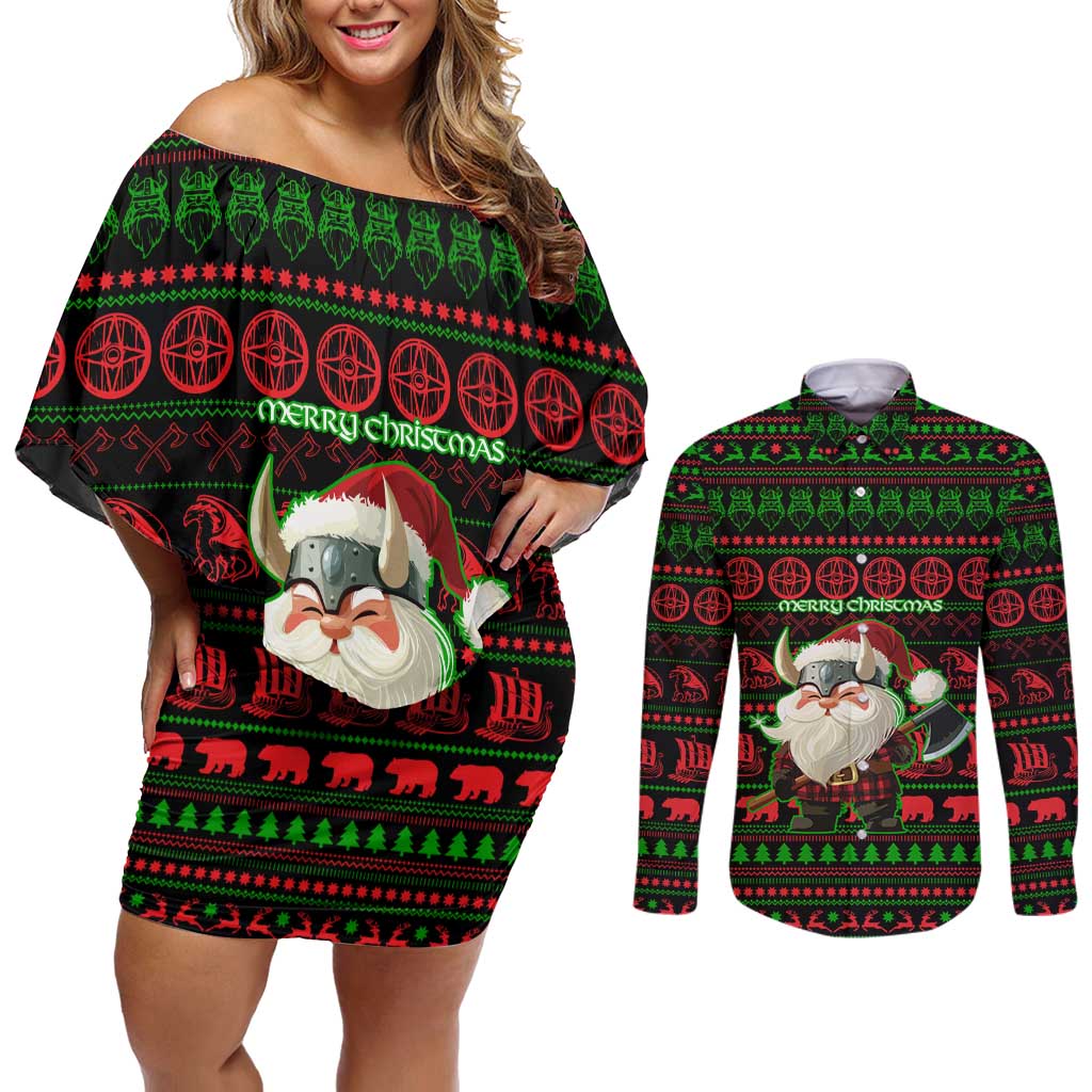 Viking Christmas Couples Matching Off Shoulder Short Dress and Long Sleeve Button Shirt with Santa Warrior Axe Nordic Symbols Red Green Black Knit Pattern Design - Wonder Print Shop