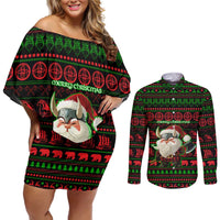 Viking Christmas Couples Matching Off Shoulder Short Dress and Long Sleeve Button Shirt with Santa Warrior Axe Nordic Symbols Red Green Black Knit Pattern Design - Wonder Print Shop